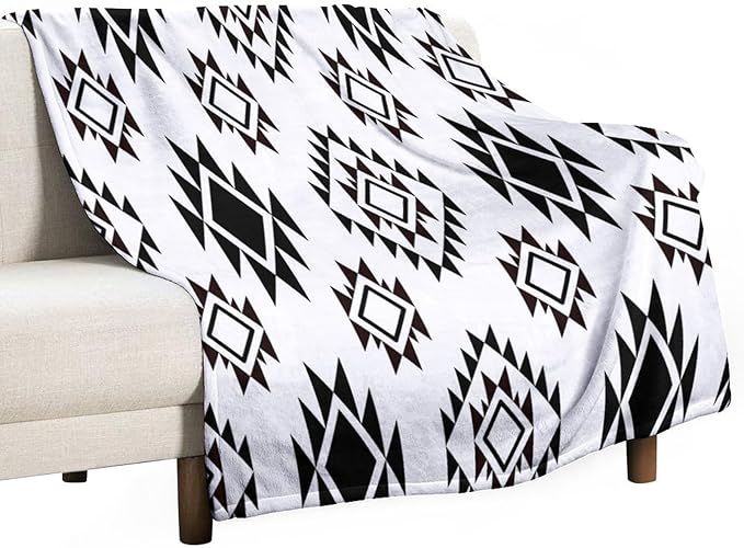 Boho Throw Blanket, Black and White Native Blankets, Vintage Tribal Aztec Printed Flannel Blanket for Chair Bed Sofa Couch 40"x50"