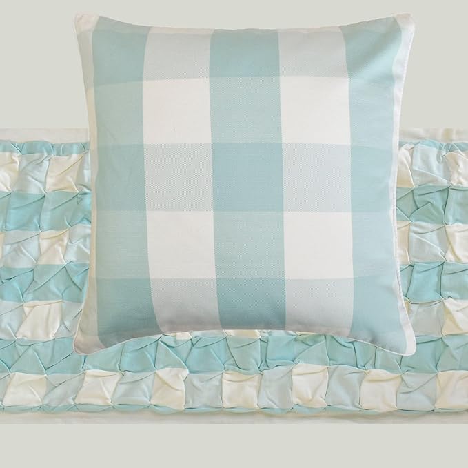 The HomeCentric King/Queen/Twin Aqua Decorative Bed Runner Full 68"x18" Bed Runner with Two Pillow Cover, Checkered, Buffalo Plaid, Check Bed Scarf on Cotton Fabric - Aqua Plaid Knots