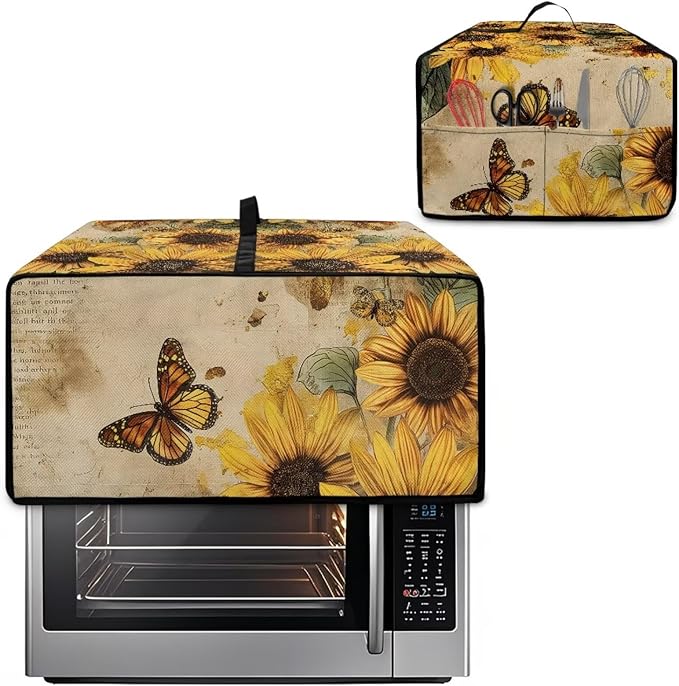 Microwave Oven Dust Cover Dust-Proof Sturdy Microwave Oven Cloth Cover Waterproof Kitchen Appliance Protector Suitable for Most Microwave Ovens, Vintage Sunflower Butterfly Letter Print, L