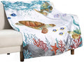 Sea Turtle Throw Blanket, Teal Blue Ocean Underwater Animal Starfish Fish Nautical Coastal Theme Fleece Flannel Blanket for Couch Sofa Bedroom Adults Kids, 30"x40"