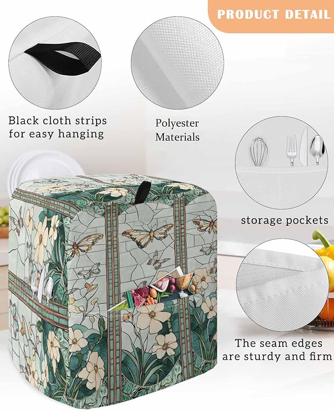 Butterfly Flowers Stand Mixer Dust Cover with Storage Pocket & Handles, Fits All Tilt Head & Bowl Lift Retro Glass Chinese Screen Kitchen Appliance Cover Organizer Botanical Bag Accessories, 6-8 Quart