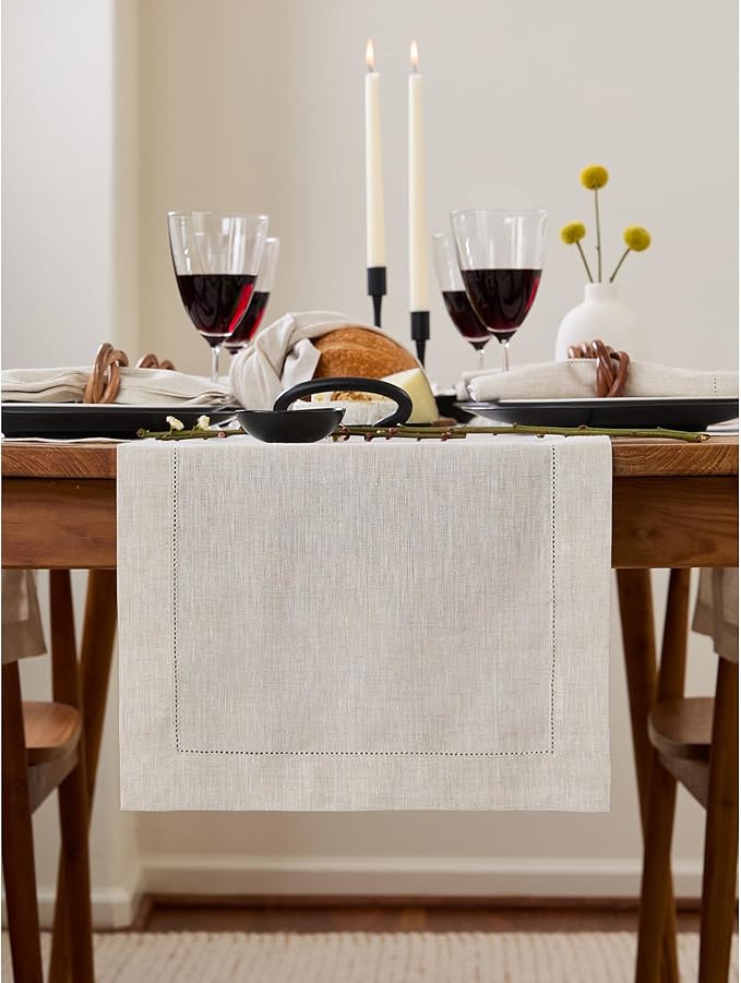 Solino Home Linen Light Natural Table Runner 156 Inches Long - 100% Pure Linen Extra Long Table Runner 14 x 156 Inch - Classic Hemstitch