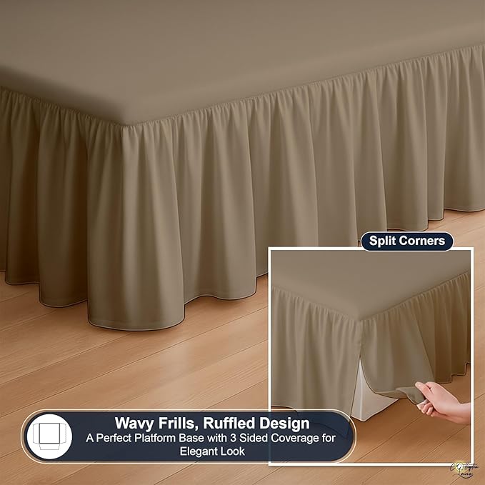 Cottington Lane Ruffled Bed Skirt King Size with Split Corner, Brushed Microfiber Hotel Quality Taupe Dust Ruffle, 21 Inch Drop Gathered Bedskirt, Soft and Stylish, Shrinkage and Fade Resistant