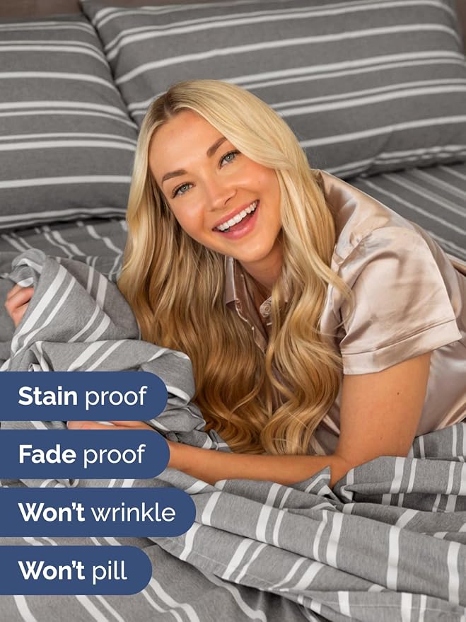 Extra Deep Pocket King Sheets - 4 Piece Breathable & Cooling Bed Sheets - Hotel Luxury Bed Sheet Set - Soft, Wrinkle Free & Comfy - Easily Fits Extra Deep Mattresses - Deep Pocket Grey Striped Sheets