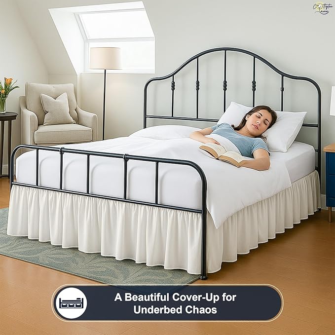 Cottington Lane Ruffled Bed Skirt Full Size with Split Corner, Brushed Microfiber Hotel Quality Ivory Dust Ruffle, 16 Inch Drop Gathered Bedskirt, Soft and Stylish, Shrinkage and Fade Resistant