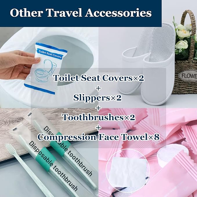 Extguds Disposable Travel Set: Bed Sheet×1+Duvet Cover×1+Pillow case×2+Bath Towels×2+Shower Caps×2+Plastic Bathtub Bag×2+Toilet Seat Covers×2+Compression face Towel×8+Toothbrushes×2+Slippers×2