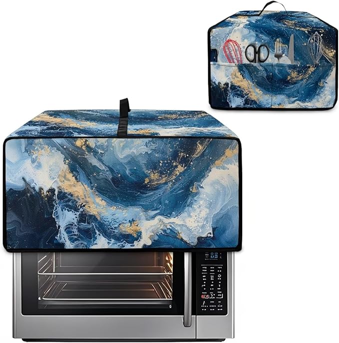 Blue Golden Marble Texture Print Microwave Oven Cover Dust-Proof Polyester-Linen Fabric Toaster Oven Cover Easy to Clean Microwave Grill Cover Protector with Top Handle, M