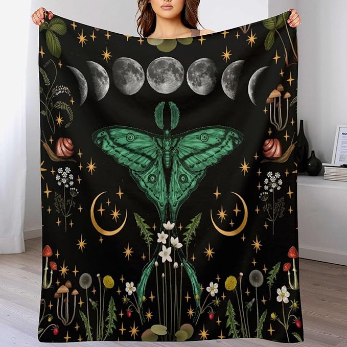 Moon Phase Moth Blanket, Vintage Botanical Mushroom Wildflower Gothic Night Moonlit Mysterious Witchy Throws Blanket for Sofa Bed Couch Chair, 60"x80"