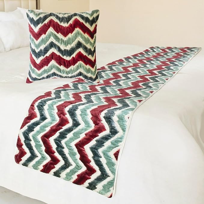 The HomeCentric King/Queen/Twin Red & Blue Luxury Full 68"x18" Bed Runner Without Pillow Cover, Chevron & Quilted Bed Scarf on Suede Fabric - Chevron Symphony