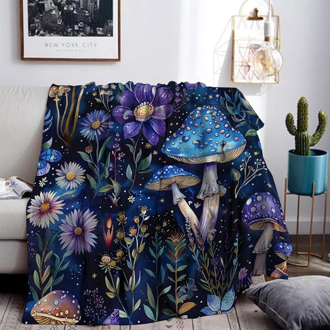 Cute Whimsical Mushroom Throw Blanket Aesthetic Dark Botanical Florals Throw,Witchy Gifts for Women,Gothic Gifts,Soft Cozy Warm Moth Witchy Plush Blanket Throw for Women Girls Mom 50"x60"
