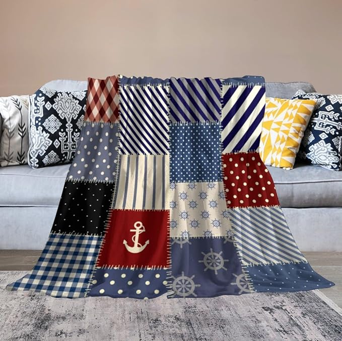 Nautical Blanket Vintage Coastal Rustic Red Blue White Polka Dot Stripe Anchor Patchwork Soft Cozy Lightweight Throw Blanket for Women Men Bedroom Living Room Dorm Chair Sofa Travel 70x80in