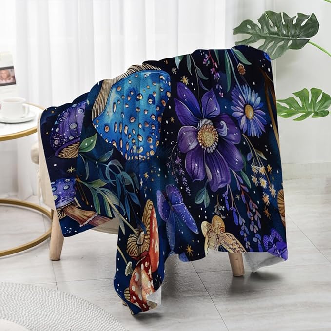 Cute Whimsical Mushroom Throw Blanket Aesthetic Dark Botanical Florals Throw,Witchy Gifts for Women,Gothic Gifts,Soft Cozy Warm Moth Witchy Plush Blanket Throw for Women Girls Mom 50"x60"