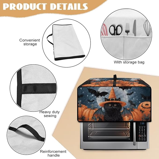 Bat Cat Pumpkin Moon Print Toaster Oven Cover Dust-Proof Microwave Oven Grill Cover Protector with Top Handle Reusable Reusable Kitchen Accessories for Halloween Decor, L