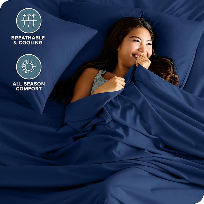 Bare Home Queen Sheet Set - Luxury 1800 Ultra-Soft Microfiber - Double Brushed - Deep Pockets - Easy Fit - 4 Piece Set - Bedding Sheets & Pillowcases (Queen, Dark Blue)