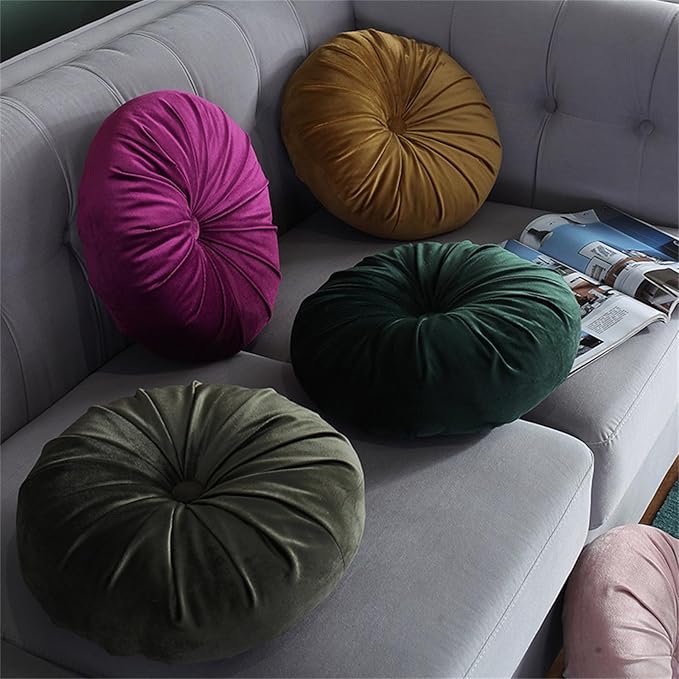 Round Throw Pillow Velvet Pumpkin Pleated Meditation Pillow Solid Color Home Decorative Throw Pillow Floor Cushion for Sofa Chair Living Room Decoration (Yellow)
