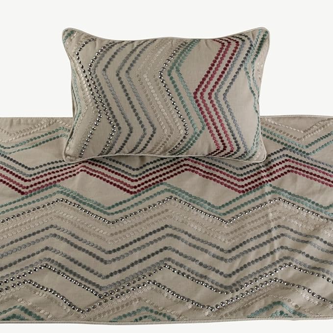 The HomeCentric King Queen Twin Beige Linen Bed Runner & Decorative Throw Pillow Cover, Full Size 68"x18" Bed Runner & Pillow Cover, Linen & Embroidery, Chevron Modern Pattern - Dotty Chevron