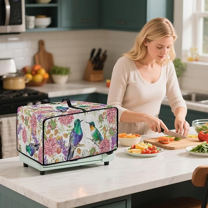 Watercolor Flower Hummingbird Print Microwave Oven Cover Dust-Proof Microwave Toaster Oven Cover Waterproof Foldable Kitchen Appliance Protector Suitable for Most Microwave Ovens, M