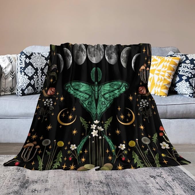 Moon Phase Moth Blanket, Vintage Botanical Mushroom Wildflower Gothic Night Moonlit Mysterious Witchy Throws Blanket for Sofa Bed Couch Chair, 50"x60"