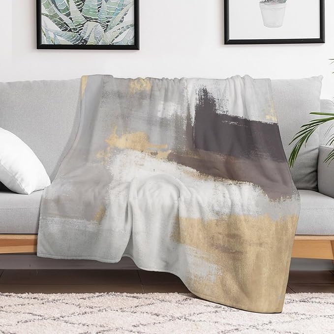 Fashion Gradient Blanket, Modern Abstract Baroque Grey Glod Painting Strokes Pattern Soft Warm Cozy Plush Flannel Covers for Livingroom Bedroom Couch Chair Camping Travel Home Decor Tapestry 50x60in