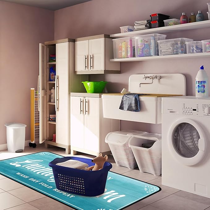 Laundry Room Rug Non Slip Floor mats Farmhouse Large Laundry Rugs for Laundry Runner Room Mat Washer and Dryer Carpet Laundry Room Decor 20x47inch(Turquoise)