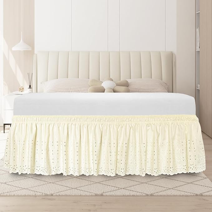 King Bed Skirt, Wrap-Around Elastic Ruffled Eyelet Bed Skirt King Size Dust Ruffle with Gathered Styling and Embroidered Details, 14" Drop Length (Light Yellow)