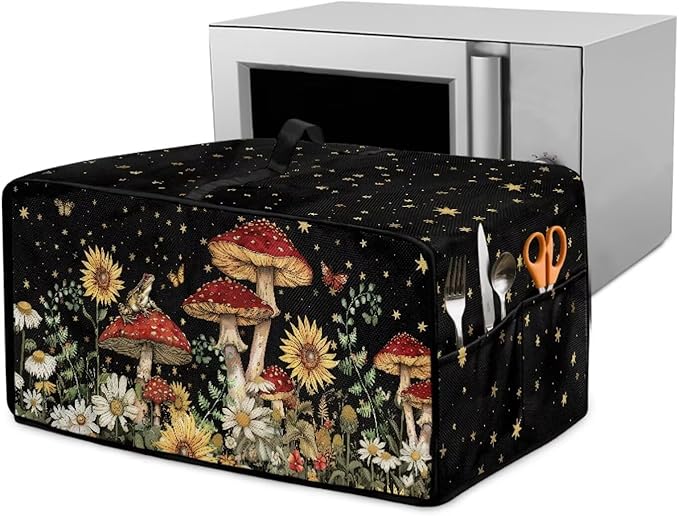 Microwave Oven Dust Cover Waterproof Toaster Oven Cover Foldable Polyester-Linen Small Appliance Dust Covers Suitable with Storage Bags, Mushroom Sunflower Daisy Star Butterfly Print, M