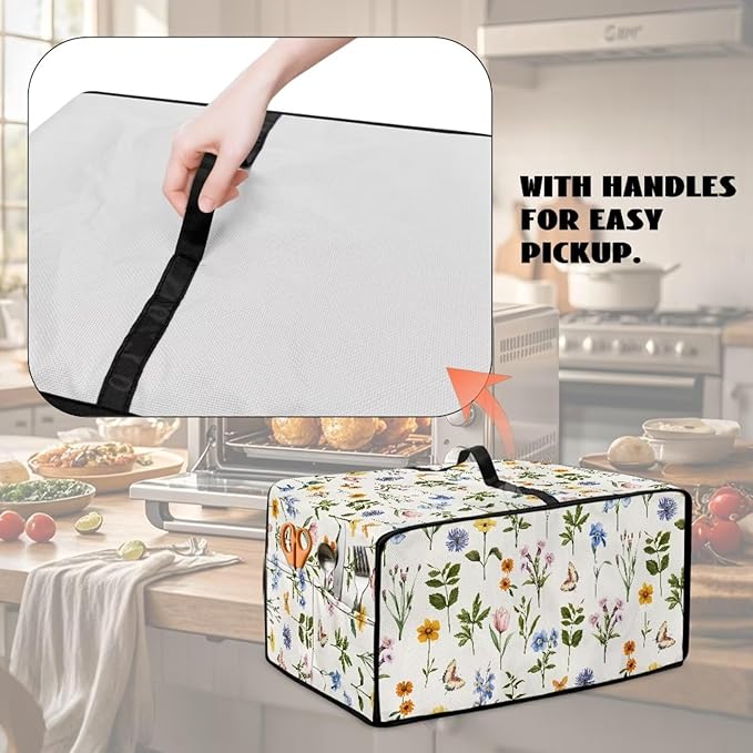 Toaster Oven Dust Cover with Side Pockets, Washable Convection Oven Cover Small Electric Appliance Protector for Kitchen Home Decor, M, Floral Butterfly Cream White