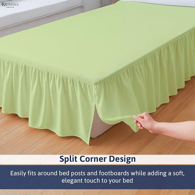 KRISHNA Ruffled Bed Skirt with Split Corners King, 100% Microfiber Hotel Quality, 24 Inch Drop Dust Ruffle Gathered Bedskirt with Platform, 78" x 80", Sage