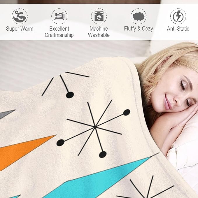 Mid Century Flannel Throw Blankets, Mid Century Modern Geometric Atomic Shapes Orange Retro Style Boho Print Blanket for Bed Couch Sofa Fuzzy Tv Throws 50"x60"