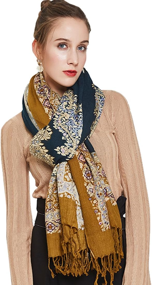 DANA XU 100% Merino Wool Extra Large Pashmina Blanket Travel Scarf Cashmere Wrap for Women Fall Winter Oversize Shawl Floral