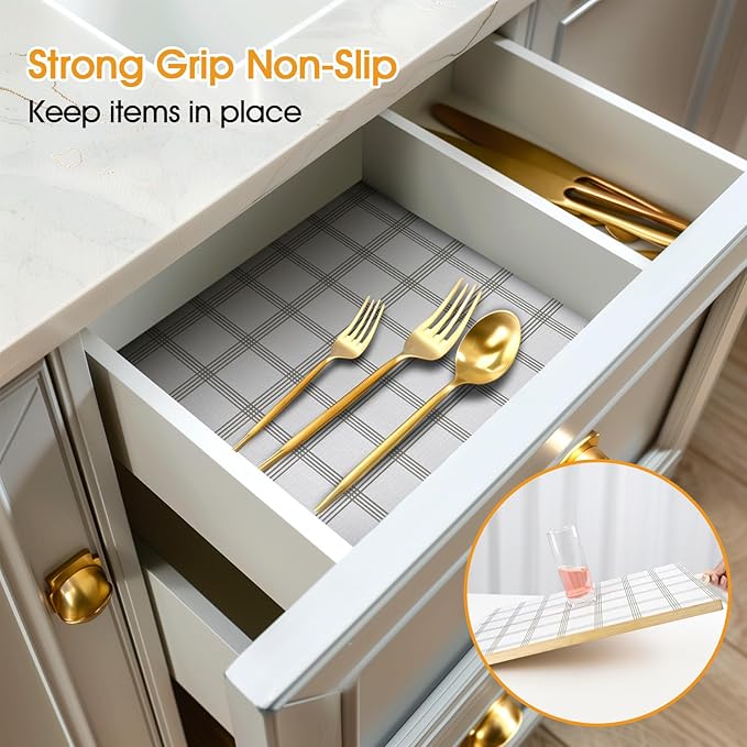Shelf and Drawer Liner for Kitchen Cabinets Non-Adhesive, Strong Grip Non-Slip Thickened Cabinet Liners for Shelves, Waterproof Mats for Dresser Cupboard, White Square, 17 in x 30 Feet