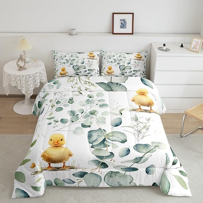 Erosebridal Kids Cute Animal Full Size Comforter Set for Girls Boys Cartoon Duck Bedding Set, Spring Eucalyptus Down Comforter Watercolor Leaves Bed Set, Kawaii Farm Animal Quilted Duvet