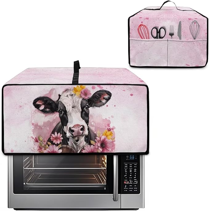 Air Fryer Toaster Oven Dust Cover Washable Fabric Convection Oven Protector with Storage Pockets, L, 18.5 x 22.5 x 13 Inches, Cow Pink Flower Pattern