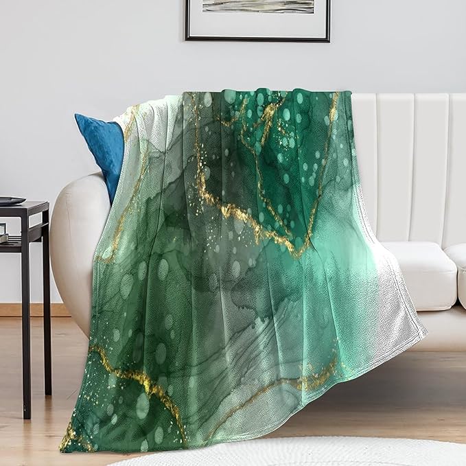 Modern Marble Blanket, Abstract Luxury Baroque Golden Lake Green Stone Veins Pattern Soft Warm Cozy Plush Flannel Covers for Livingroom Bedroom Couch Chair Camping Travel Home Decor Tapestry 30x40in