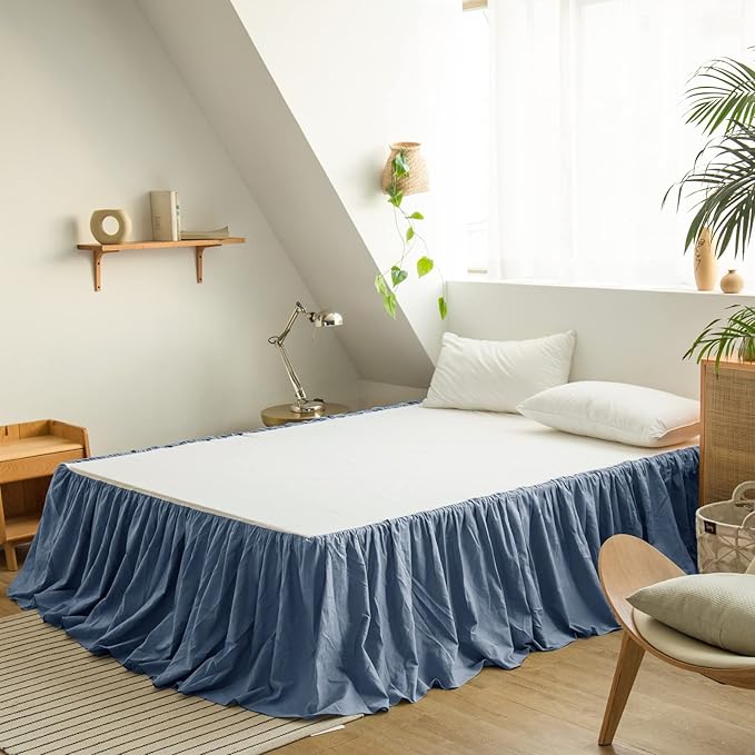 BISELINA French Linen Bed Skirt with Pleated Frills 14-Inch Tailored Drop Natural Flax Cotton Blend Dust Ruffle Soft Cozy Farmhouse Bedding (14" King, Navy Blue)