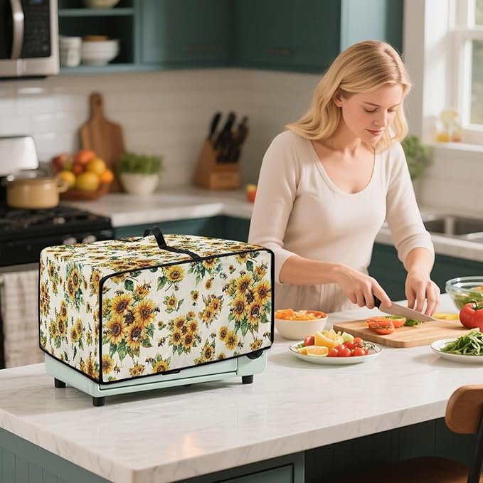 Sunflower Bee Print Toaster Oven Cover Dust-Proof Microwave Oven Cloth Cover with Storage Pockets Foldable Kitchen Machine Covers Case Protections Protector, M