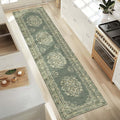jinchan Hallway Runner Rug 2x10 Vintage Floral Distressed Design Machine Washable Non-Slip Low-Pile Soft Thin Faux Wool Kitchen Christmas Carpet for Farmhouse Bedroom Laundry Room(2x10ft, Dark Green)