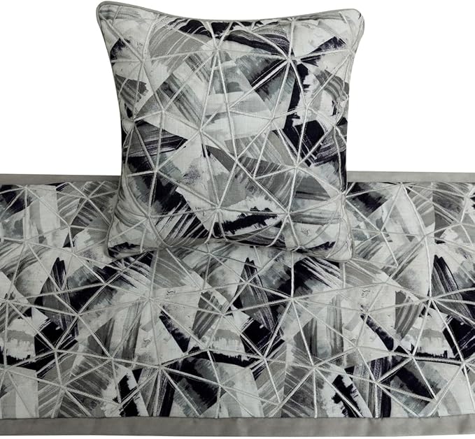 The HomeCentric King/Queen/Twin Grey Decorative Full 68"x18" Bed Runner with Pillow Cover, Print & Embroidery Bed Scarf on Cotton Fabric - Grey Angular