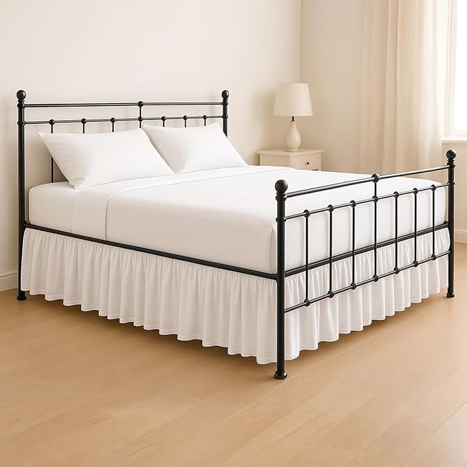 KRISHNA Ruffled Bed Skirt with Split Corners Queen, 100% Microfiber Hotel Quality, 15 Inch Drop Dust Ruffle Gathered Bedskirt with Platform, 60" x 80", White