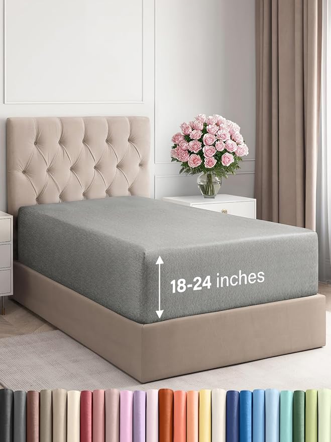 Extra Deep Twin XL Fitted Sheet - Hotel Luxury Single Fitted Sheet Only - Easily Fits 18 inch to 24 inch Mattress - Ultra Soft, Wrinkle Free w/Extra Deep Pockets - Breathable & Comfy - Heathered Grey