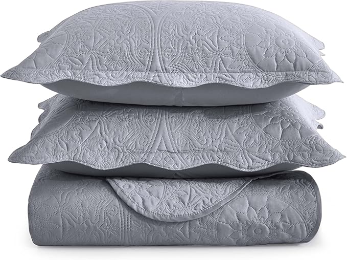 IR Imperial Rooms Twin Quilt Bedding Set Size (68” x 86”) + 1 Pillow Shams (20” x 26” + 2”) - 2 Pcs All Season Lightweight Reversible Microfiber Coverlet Floral Embossed Quilt Bedspread (Silver)
