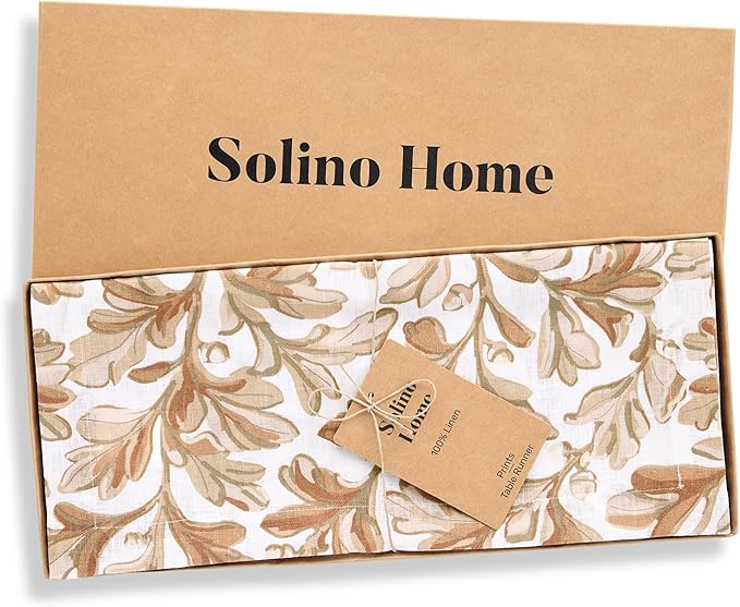 Solino Home 100% Pure Linen Fall Table Runner 132 Inches Long - Floral Print Table Runner 14 x 132 Inch for Autumn - Handcrafted and Machine Washable - Fallen Leaves Print