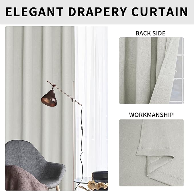 Easy-Going Linen Look Blackout Curtain 108 Inch Length Grommet Window Curtain Drapes for Bedroom, Living Room Thermal Insulated Room Darkening (Set of 2 Panels, Light Gray)
