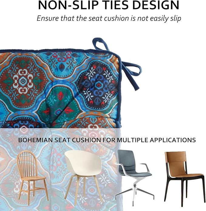 Bohemian Square Seat Cushions for Kitchen Dining Living Tea Room,16.5" x 16.5" Printing Velvet Chair Pads with Non-Slip Ties, 4Packs, Blue