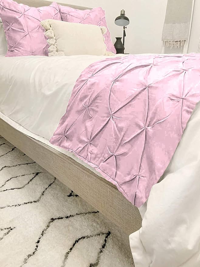 Bed Runner Set - 100% Pure Cotton 800 Thread Count - Luxury 1 Pinch Pleated Bed Runner and 2 Pillow Cover - 3 Piece Pinch Pleated Bed Runner Set Twin, Pink