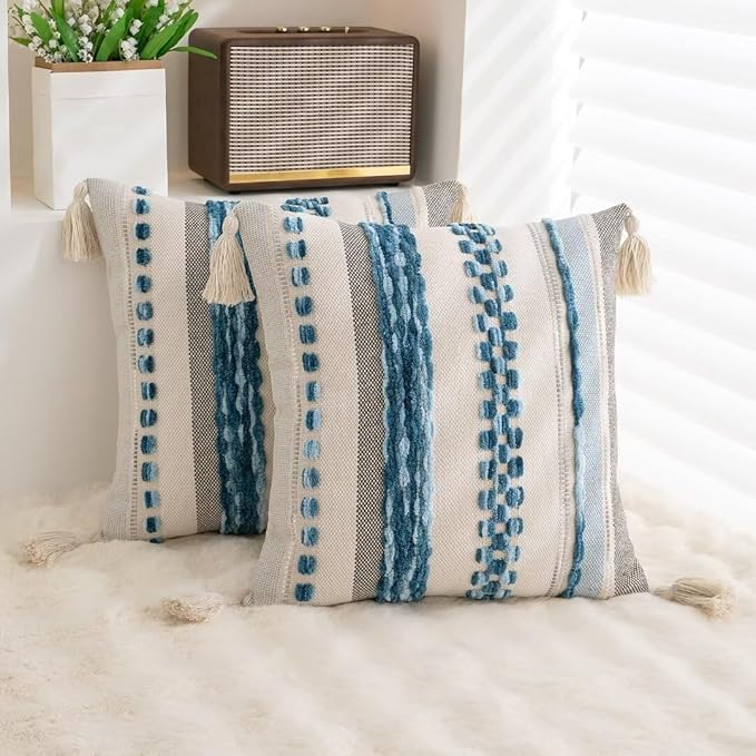 Boho Throw Pillow Covers 18x18 Set of 2 Woven Tufted Farmhouse Pillows Cover with Tassels Textured Striped Cushion Case Neutral Pillow Cases Decorative Pillowcase for Couch Bed,Sky Blue