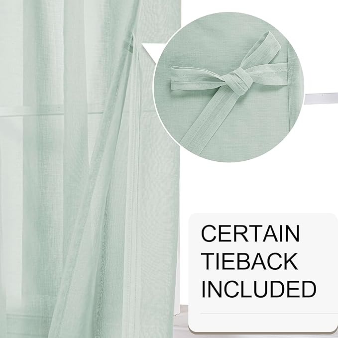 XWZO Sheer Curtains for Bedroom, Light & Airy, Grommet Top Light Filtering Window Curtains for Living Room, Sliding Glass Door, Bean Green with Tiebacks, Set of 2 Panels, 52 x 90 Inches Long