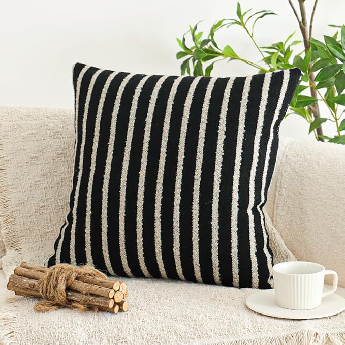Jonhier Black Striped Boho Throw Pillow Cover, Modern Boucle Textured Square Pillowcase for Sofa Couch Bed, Neutral Farmhouse Accent Decorative Cushion Cover for Living Room Bedroom, 20 x 20 inch