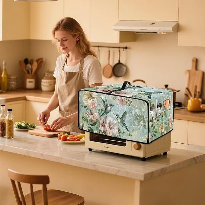 Air Fryer Toaster Oven Dust Cover Protective Convection Oven Cover with Pockets and Handle for Kitchen Countertop, M, 16.5 x 20.5 x 10 Inches, Retro Hummingbird Hibiscus Flower Green
