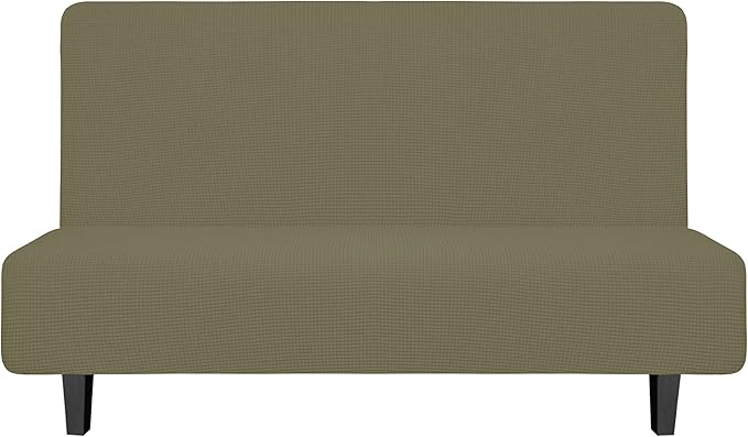 Easy-Going Stretch Futon Slipcover Armless Futon Bed Cover Furniture Protector Without Armrests with Elastic Bottom for Kids, Soft Jacquard Fabric Small Checks (Medium, Khaki)